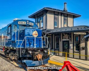 Gettysburg Railway locomotive 1863 parked beside the historic Gettysburg train station used for sightseeing excursion departures in Gettysburg, Pennsylvania.