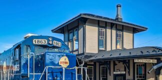 Gettysburg Railway locomotive 1863 parked beside the historic Gettysburg train station used for sightseeing excursion departures in Gettysburg, Pennsylvania.