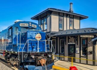Riding the Gettysburg Railway in Adams County Gettysburg Railway locomotive 1863 parked beside the historic Gettysburg train station used for sightseeing excursion departures in Gettysburg, Pennsylvania.