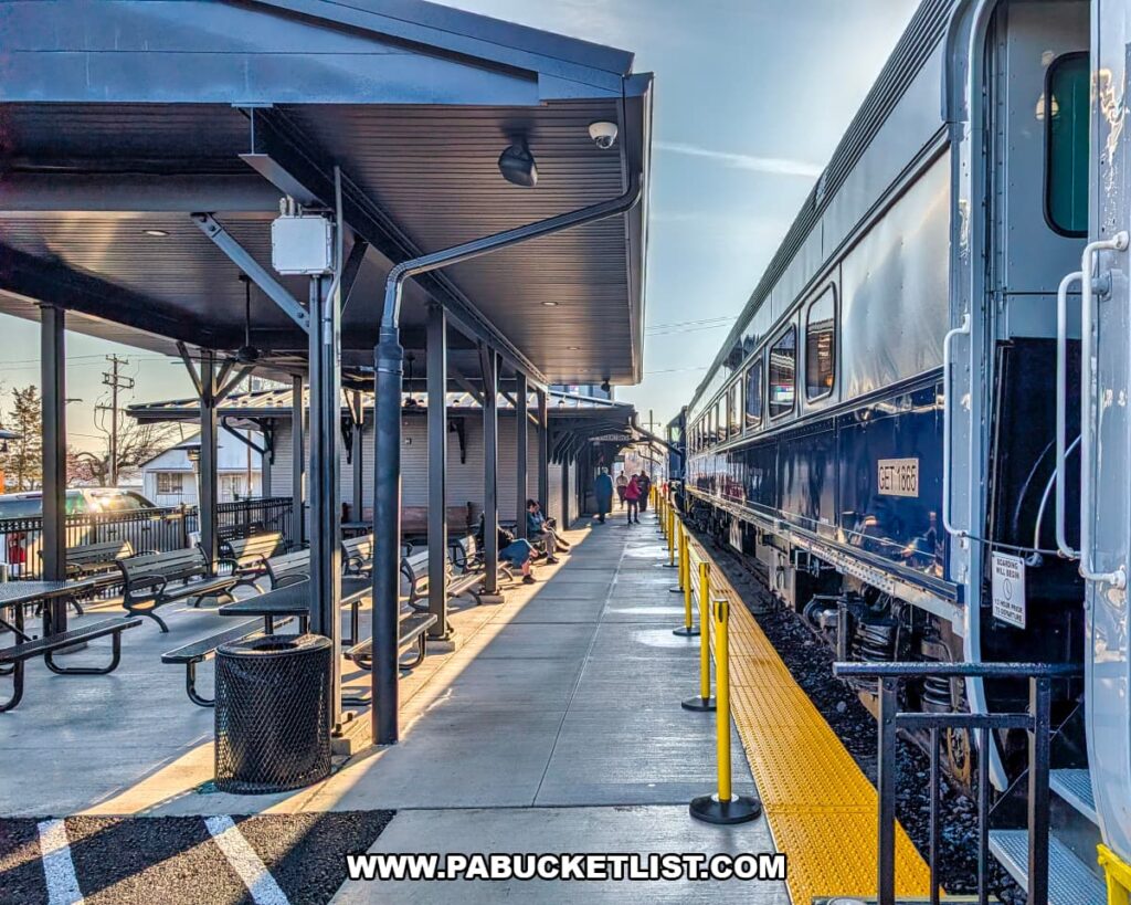 Platform and station canopy beside a Gettysburg Railway sightseeing excursion train at the Gettysburg Railroad Station in Gettysburg, Pennsylvania.
