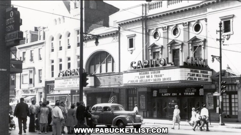Historic black-and-white photo of the Strand and Capitol Theatres in downtown York, Pennsylvania, now home to the Appell Center for the Performing Arts.