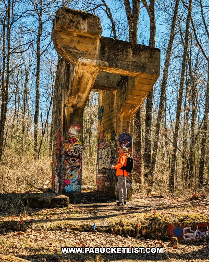 Hiker standing beneath a towering concrete structure at the abandoned ruins of the ghost town of Scotia in the Scotia Barrens of Centre County, Pennsylvania.