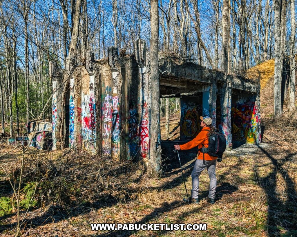 Side view of graffiti-covered concrete ruins from the abandoned iron mining town of Scotia surrounded by forest in Centre County, Pennsylvania.