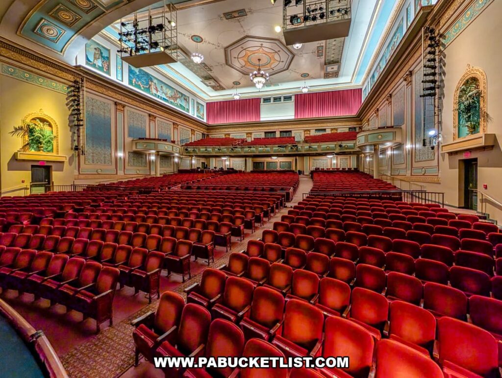 Rows of red theater seats and balcony inside the historic Strand Theatre at the Appell Center for the Performing Arts in York, Pennsylvania.