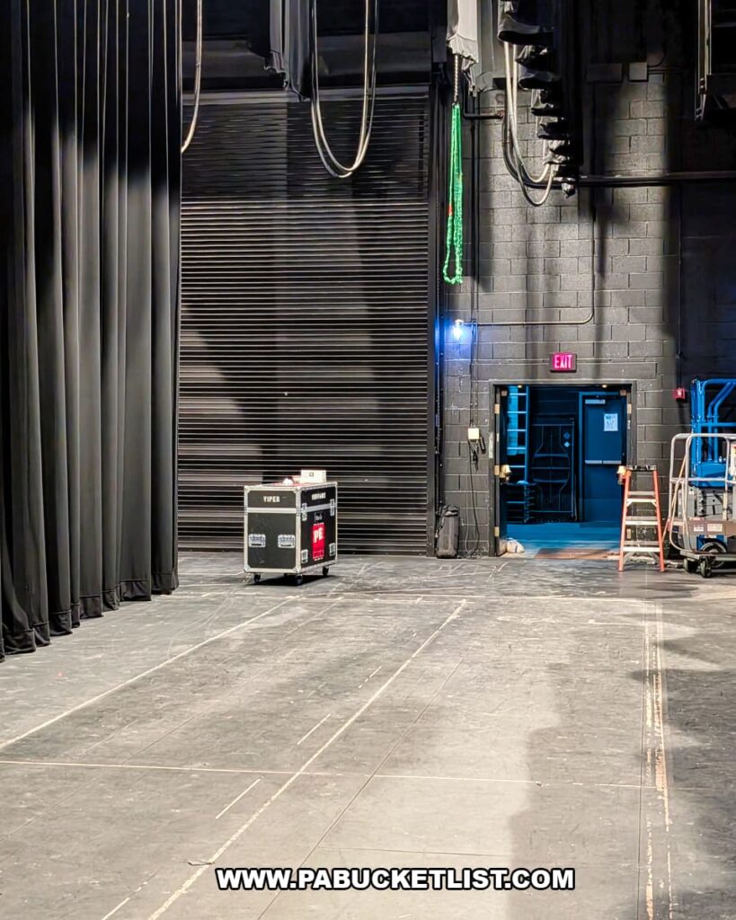 Backstage view of the stage area with curtains, rigging, and equipment inside the Strand Theatre at the Appell Center for the Performing Arts in York, Pennsylvania.