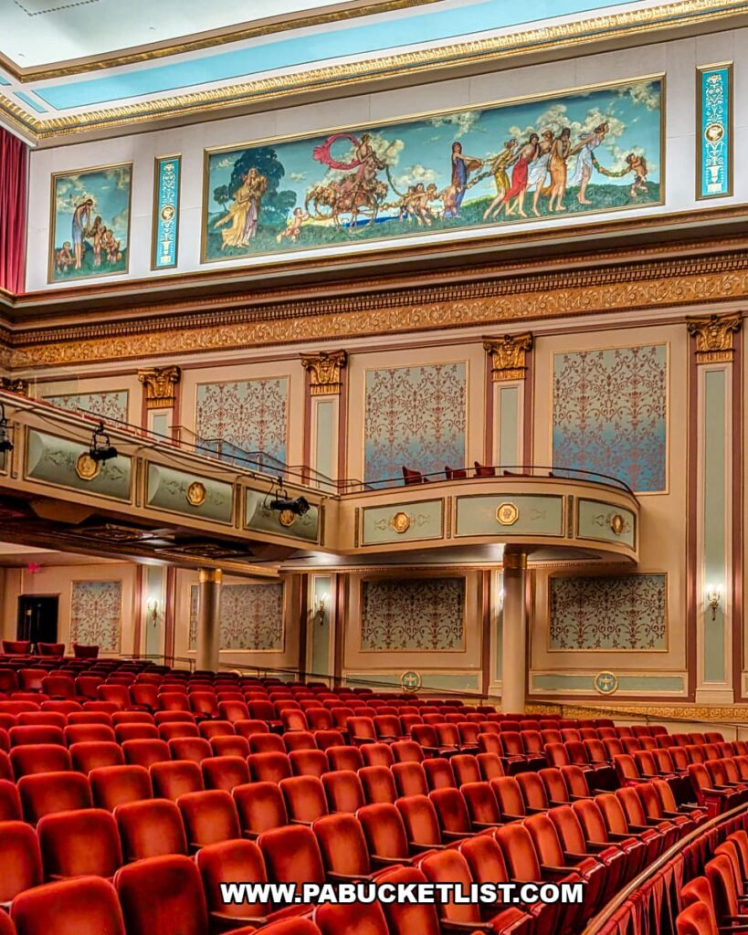 Red theater seats, balcony, and decorative murals inside the historic Strand Theatre at the Appell Center for the Performing Arts in York, Pennsylvania.