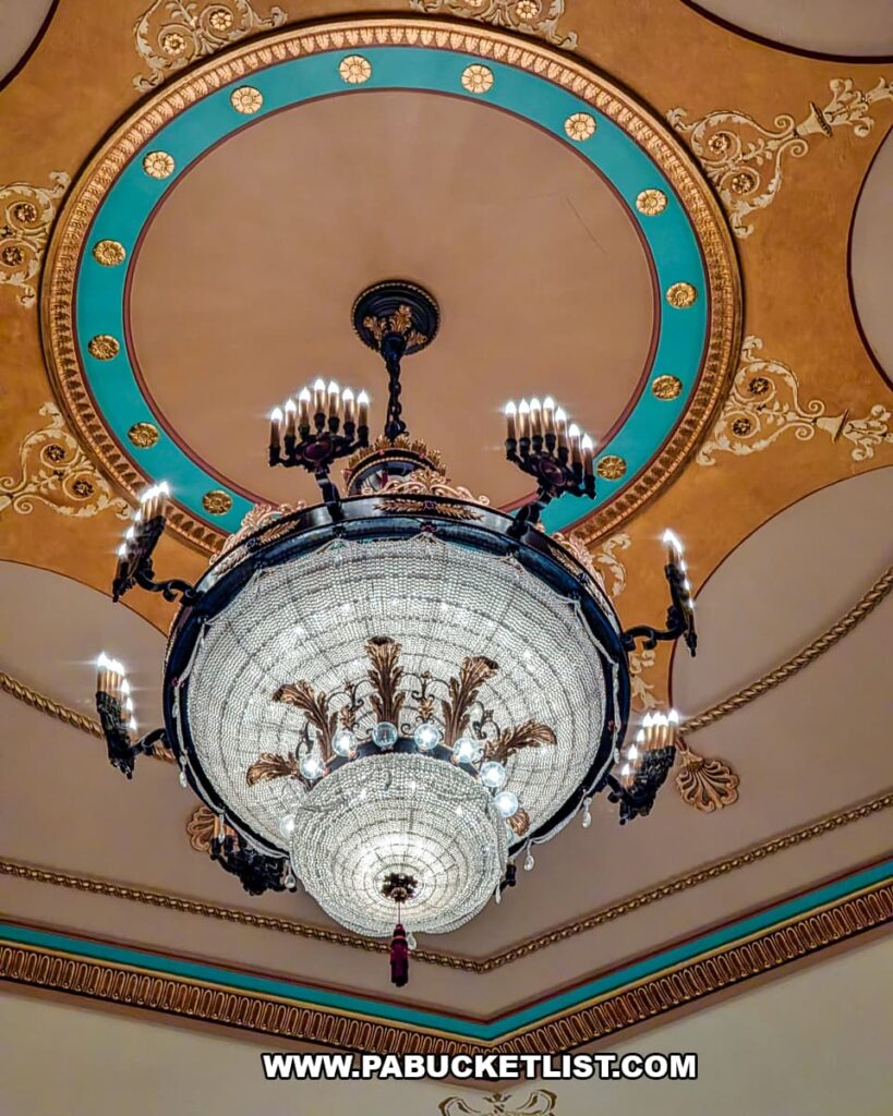Ornate chandelier hanging from the decorative ceiling inside the historic Strand Theatre at the Appell Center for the Performing Arts in York, Pennsylvania.