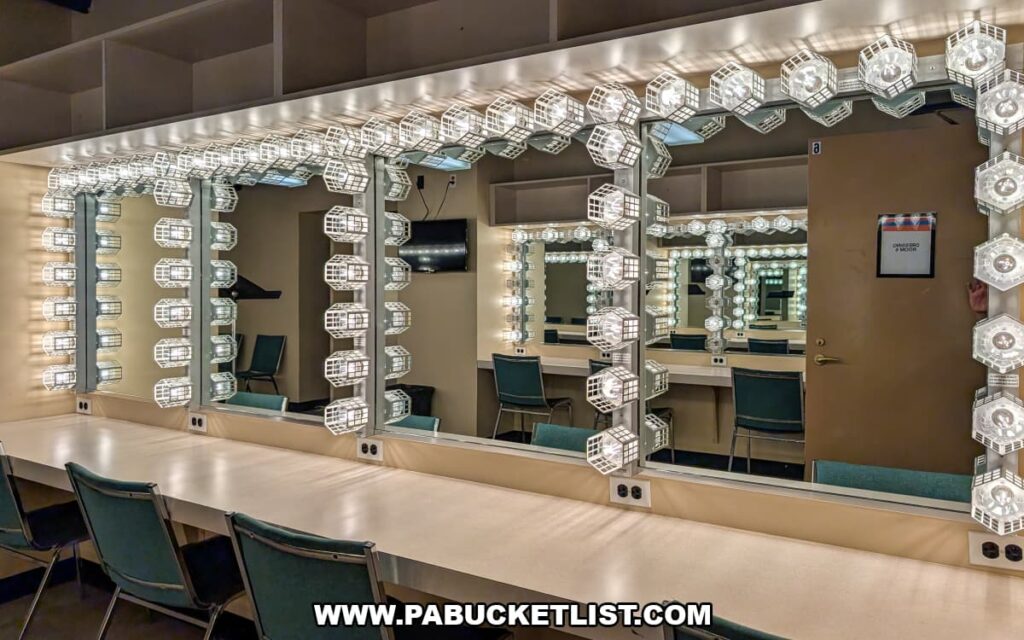 Backstage dressing room with illuminated makeup mirrors and chairs at the Strand Theatre in the Appell Center for the Performing Arts in York, Pennsylvania.
