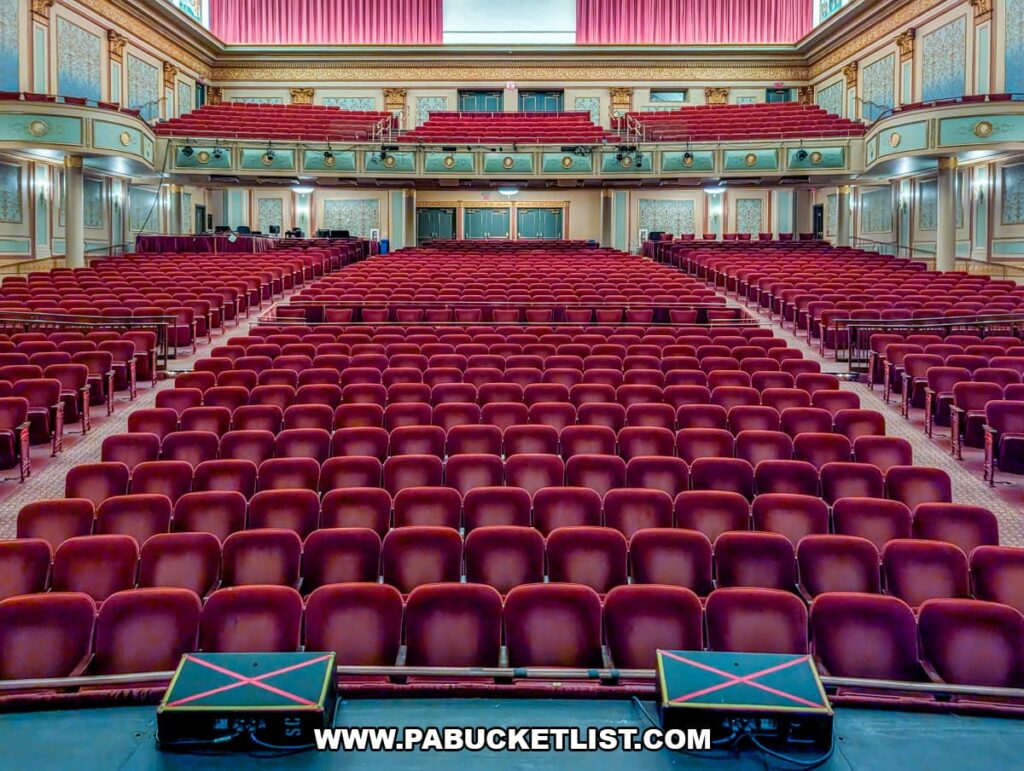View from the stage looking out over rows of red seats inside the historic Strand Theatre at the Appell Center for the Performing Arts in York, Pennsylvania.
