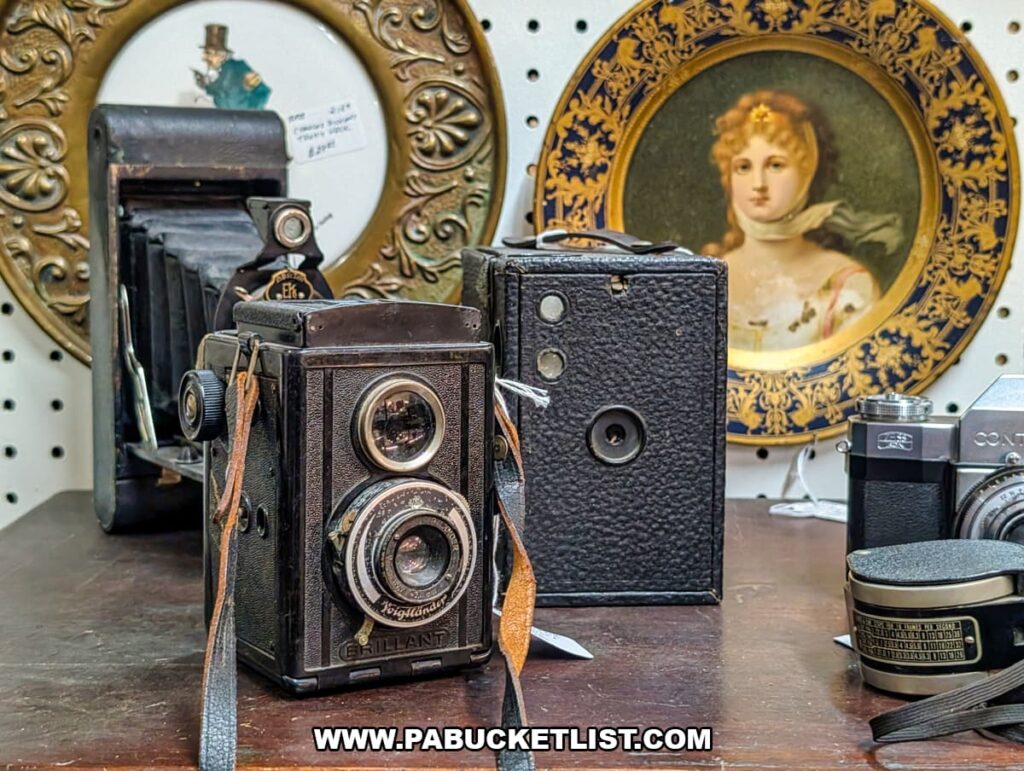 Vintage cameras and antique photography equipment displayed for sale at Fayetteville Antique & Craft Mall in Franklin County, Pennsylvania.