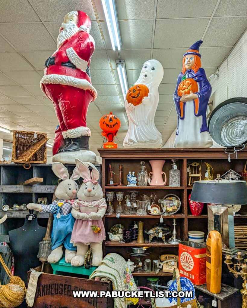 Vintage Santa Claus, ghost, and witch holiday decorations displayed above shelves of antique glassware and collectibles at Fayetteville Antique & Craft Mall in Franklin County, Pennsylvania.
