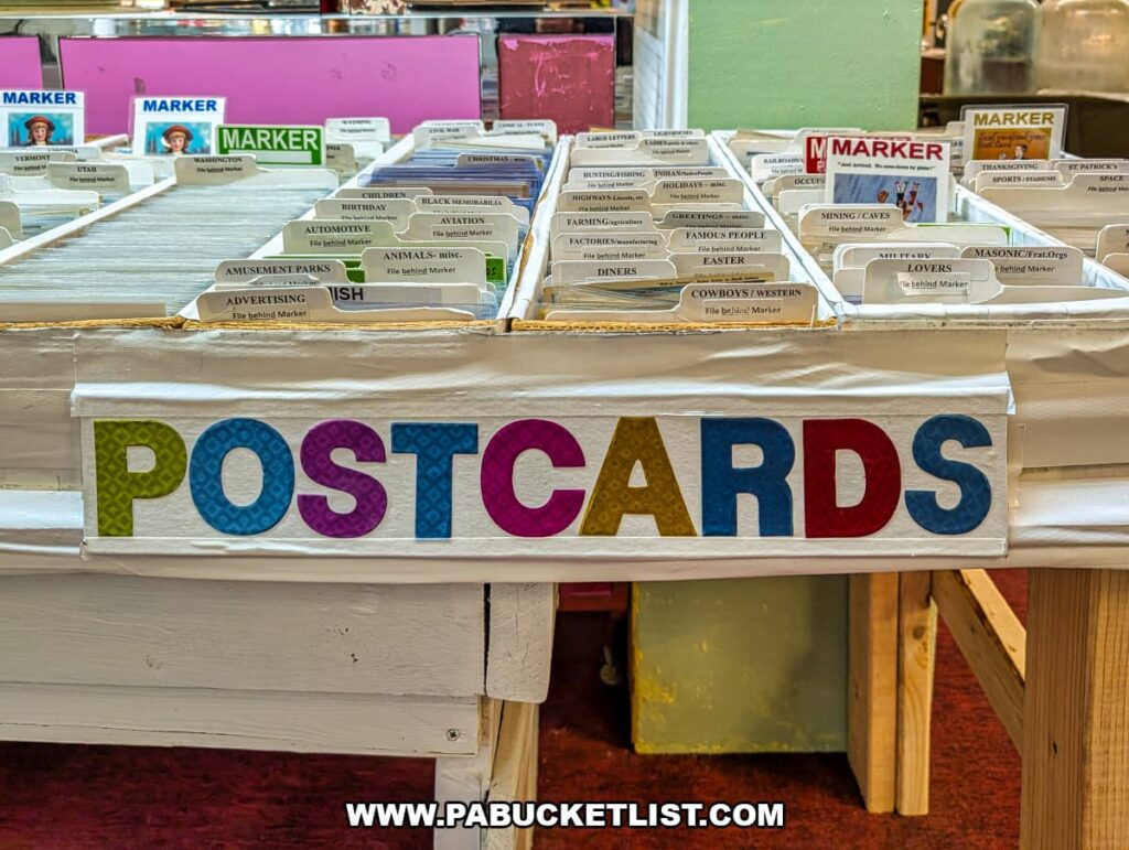 Boxes of vintage postcards organized by subject for sale at Fayetteville Antique & Craft Mall in Franklin County, Pennsylvania.