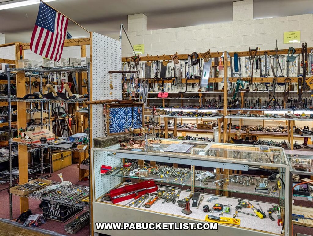 Large display of vintage hand tools and woodworking tools for sale at Fayetteville Antique & Craft Mall in Franklin County, Pennsylvania.