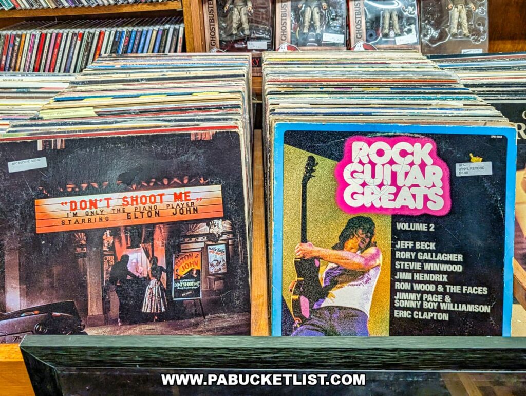 Vintage vinyl records including Elton John and classic rock albums for sale at Fayetteville Antique & Craft Mall in Franklin County, Pennsylvania.