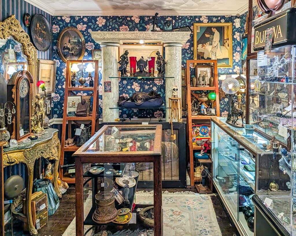 Interior showroom at Wagon Wheel Antiques featuring glass display cases filled with collectibles, artwork, and vintage decor in Butler County, Pennsylvania.