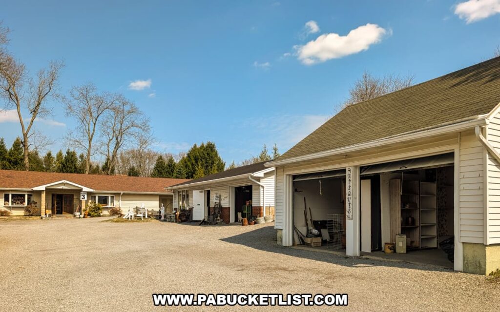 Exterior view of several buildings and the gravel courtyard at Wagon Wheel Antiques in Butler County, Pennsylvania, home to multiple antique dealer spaces.
