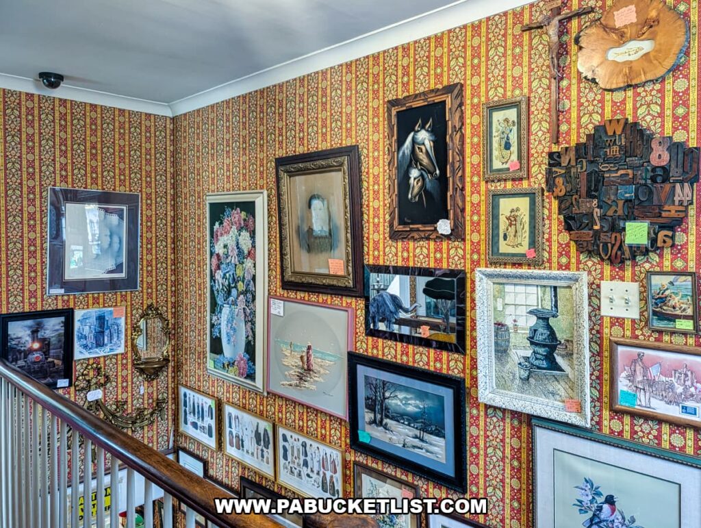 Gallery wall filled with framed artwork and vintage prints lining a staircase inside Wagon Wheel Antiques in Butler County, Pennsylvania.