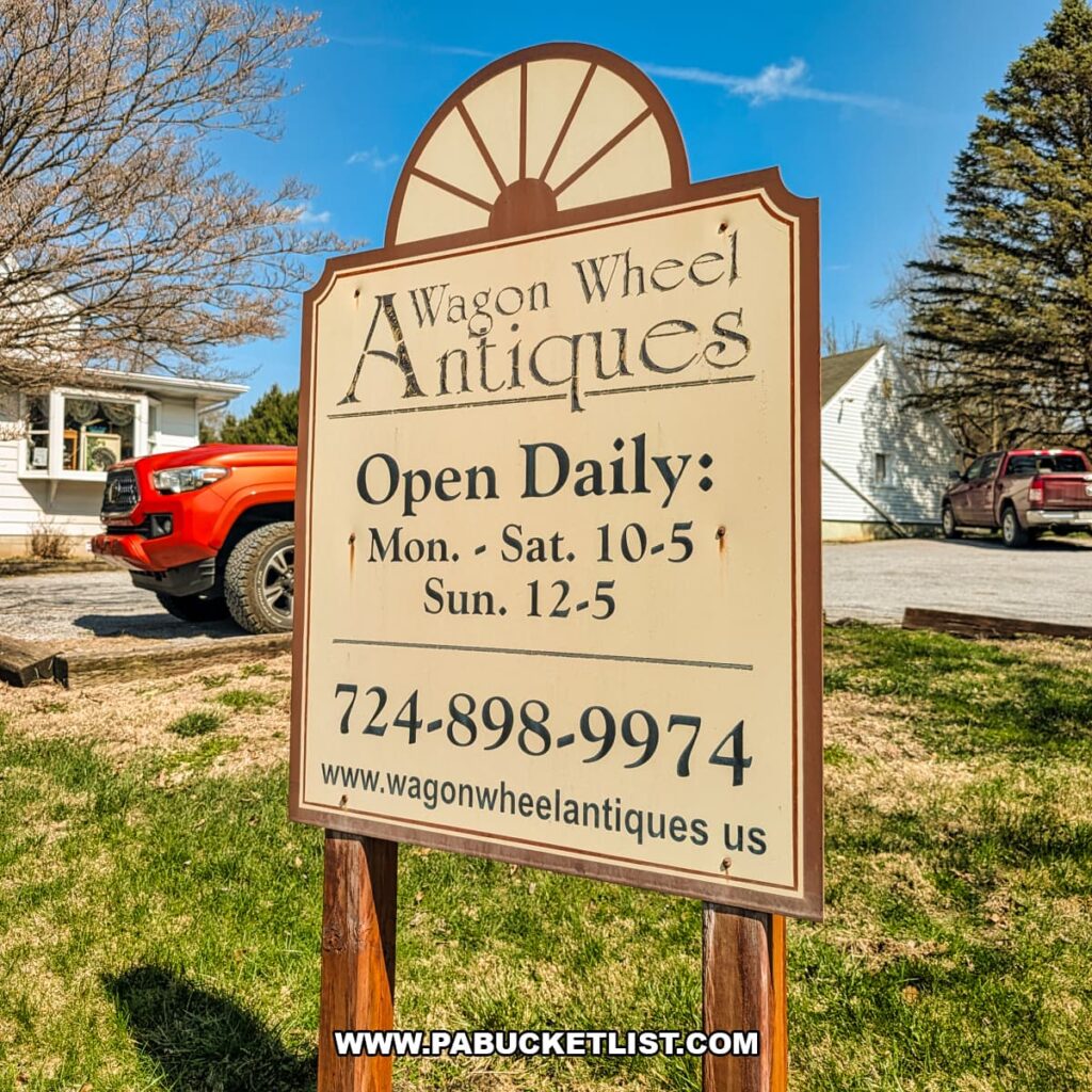 Roadside sign for Wagon Wheel Antiques displaying hours and contact information at the multi-dealer antique shop in Butler County, Pennsylvania.