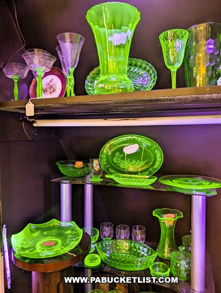 Collection of glowing uranium glass vases, plates, and bowls displayed under ultraviolet lighting at Wagon Wheel Antiques in Butler County, Pennsylvania.