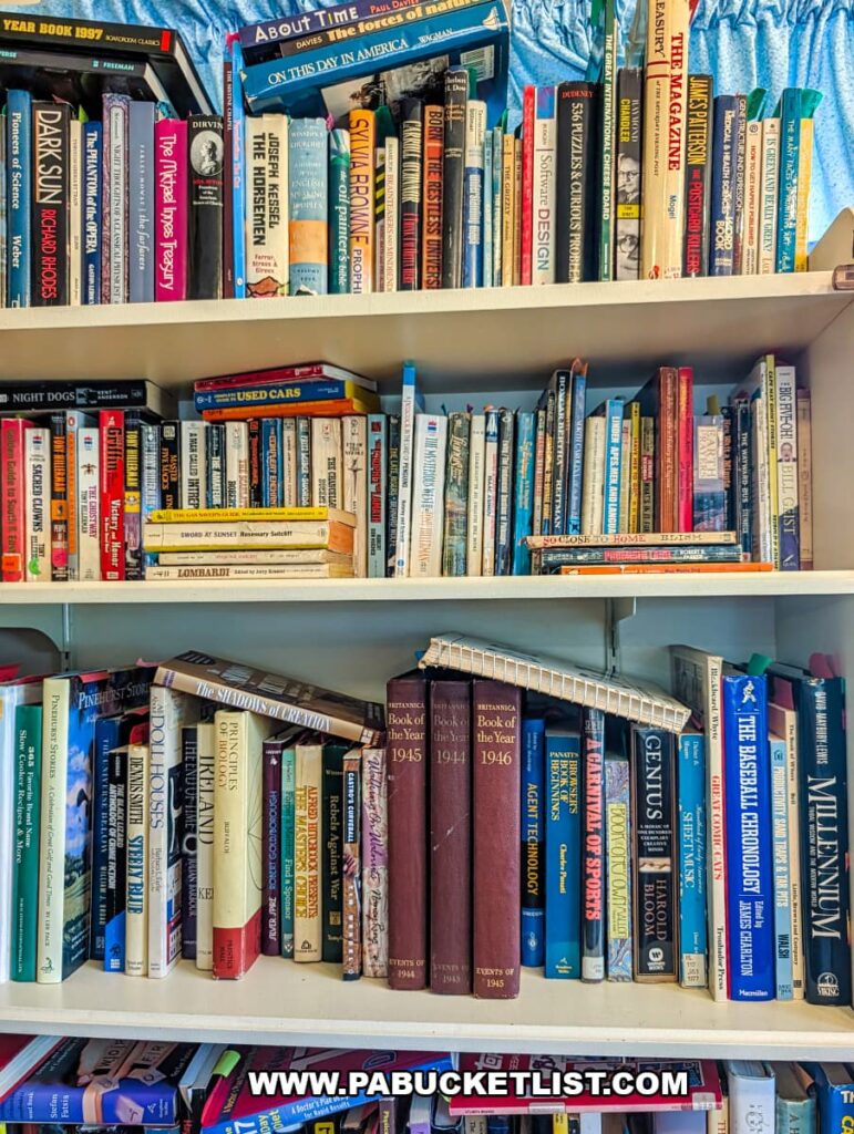 Shelves filled with used and vintage books for sale inside Wagon Wheel Antiques in Butler County, Pennsylvania.