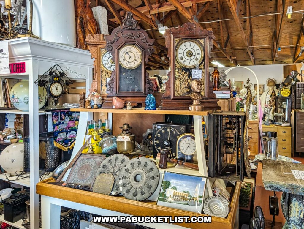 Display of antique clocks and vintage collectibles inside one of the dealer booths at Wagon Wheel Antiques in Butler County, Pennsylvania.