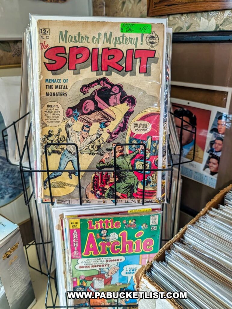 Display rack of vintage comic books including The Spirit and Little Archie issues for sale at Wagon Wheel Antiques in Butler County, Pennsylvania.