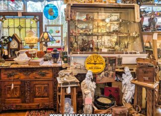 Exploring Wagon Wheel Antiques in Butler County Vintage curio cabinet filled with collectibles alongside antique furniture, lamps, and stained glass inside Wagon Wheel Antiques in Butler County, Pennsylvania.