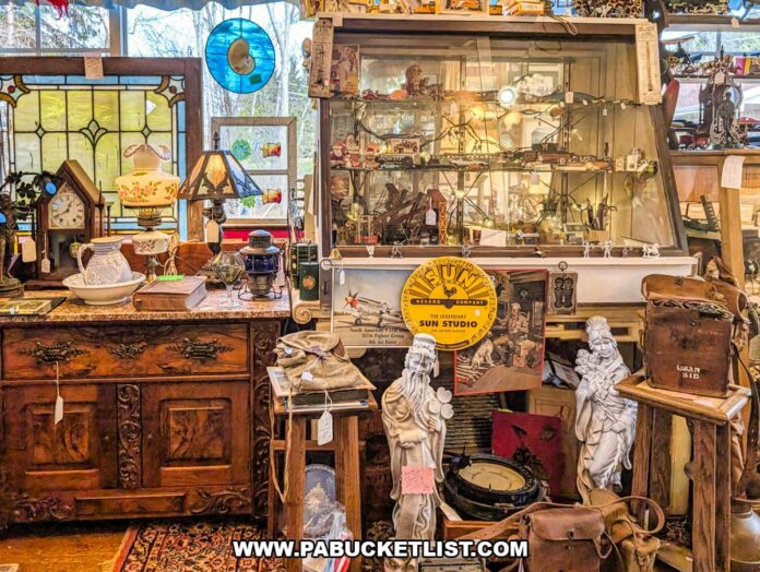 wagon-wheel-antiques-vintage-curio-cabinet-and-antiques-display-butler-county-pa Vintage curio cabinet filled with collectibles alongside antique furniture, lamps, and stained glass inside Wagon Wheel Antiques in Butler County, Pennsylvania.