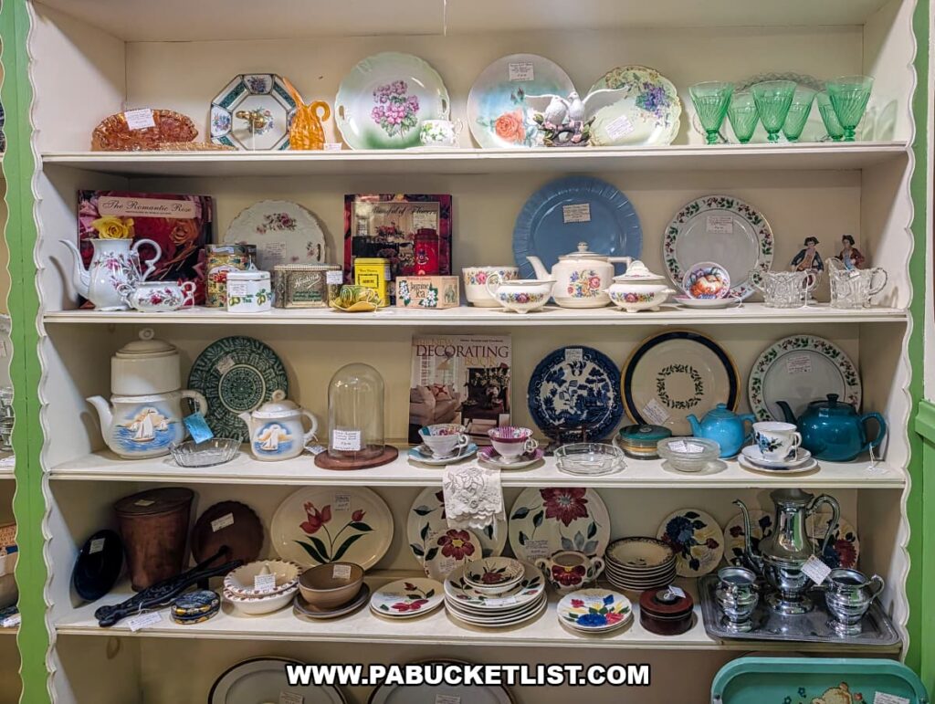 Shelves filled with vintage dishes, teacups, teapots, and glassware on display inside Wagon Wheel Antiques in Butler County, Pennsylvania.