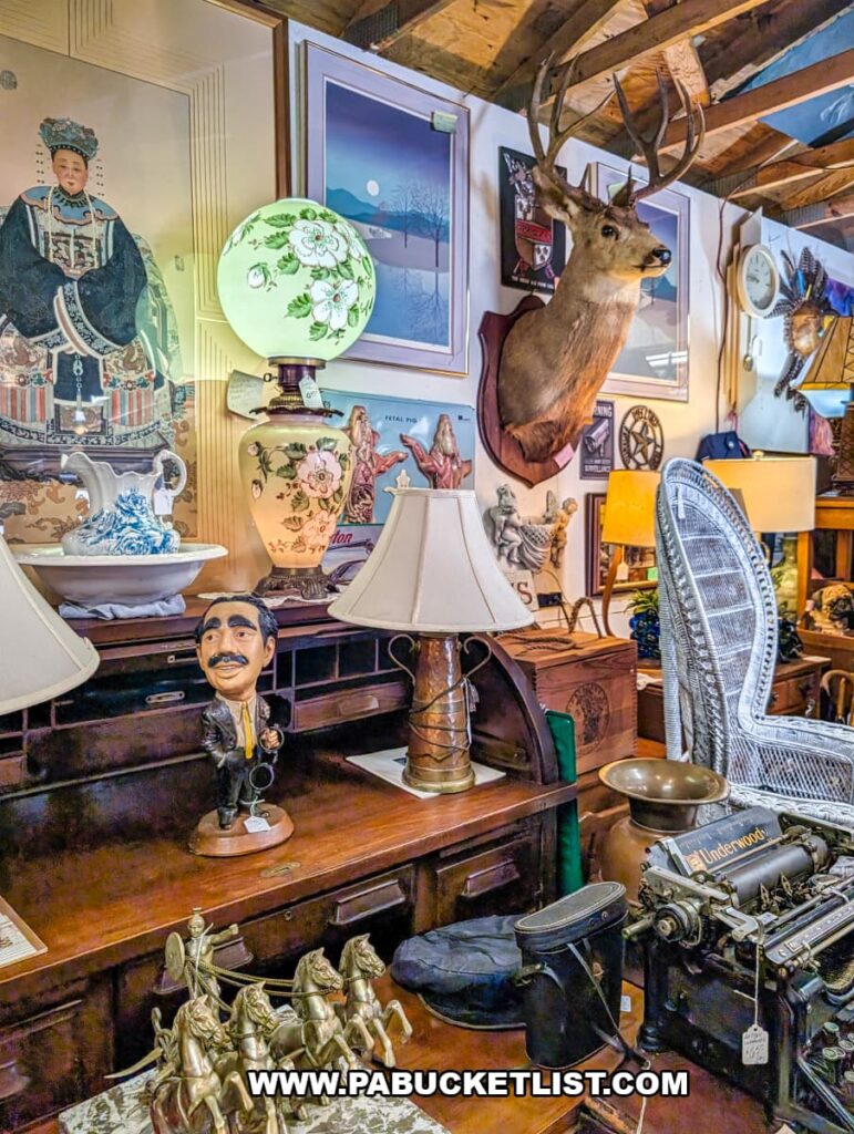 Antique display featuring an Underwood typewriter, vintage lamps, framed artwork, and a mounted deer head inside Wagon Wheel Antiques in Butler County, Pennsylvania.