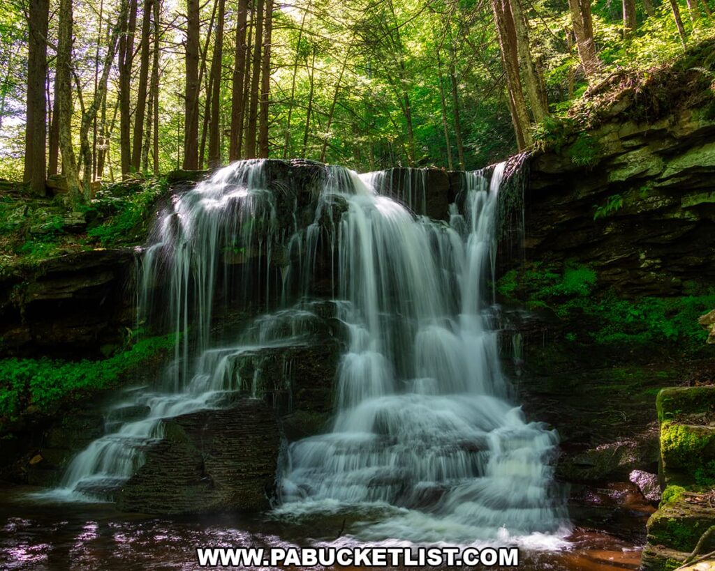 Dry Run Falls cascading over layered rock ledges in a lush forest setting in the Sullivan County section of Loyalsock State Forest, Pennsylvania
