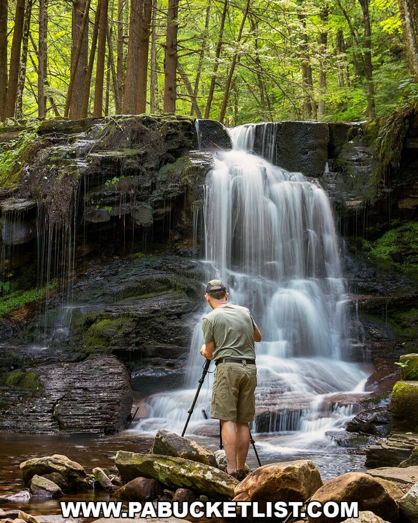 Photographer standing on rocks at the base of Dry Run Falls in the Sullivan County section of Loyalsock State Forest, Pennsylvania as water cascades over mossy rock ledges into the stream below