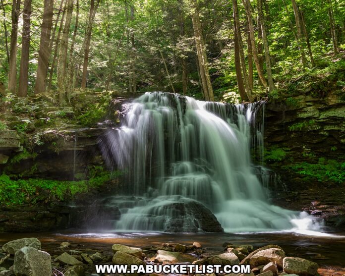 Dry Run Falls cascading over a wide rock ledge in the Sullivan County section of Loyalsock State Forest, Pennsylvania, surrounded by tall hemlocks and lush summer greenery