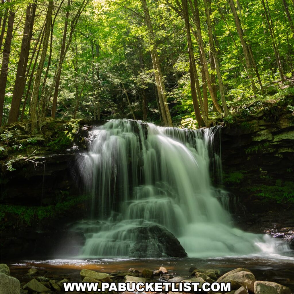 Dry Run Falls spilling over a broad rock ledge in the Sullivan County section of Loyalsock State Forest, Pennsylvania, surrounded by dense woodland and summer greenery