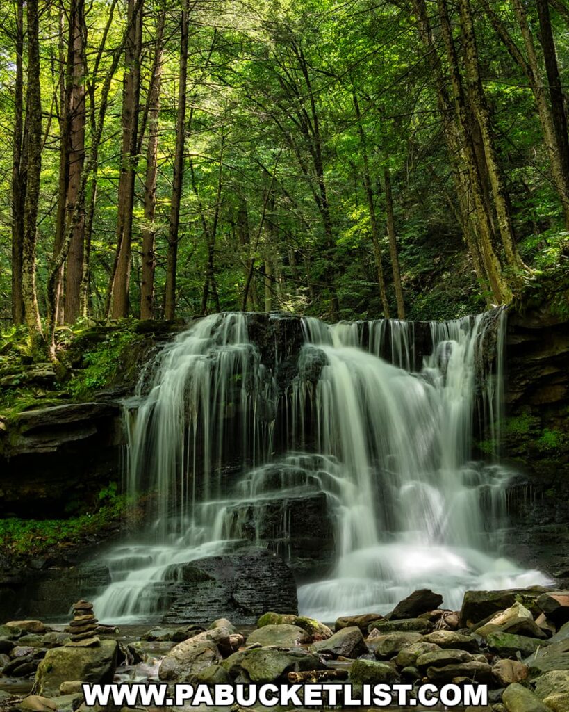 Dry Run Falls cascading over layered rock ledges in the Sullivan County section of Loyalsock State Forest, Pennsylvania, surrounded by dense woodland and a rocky streambed in the foreground