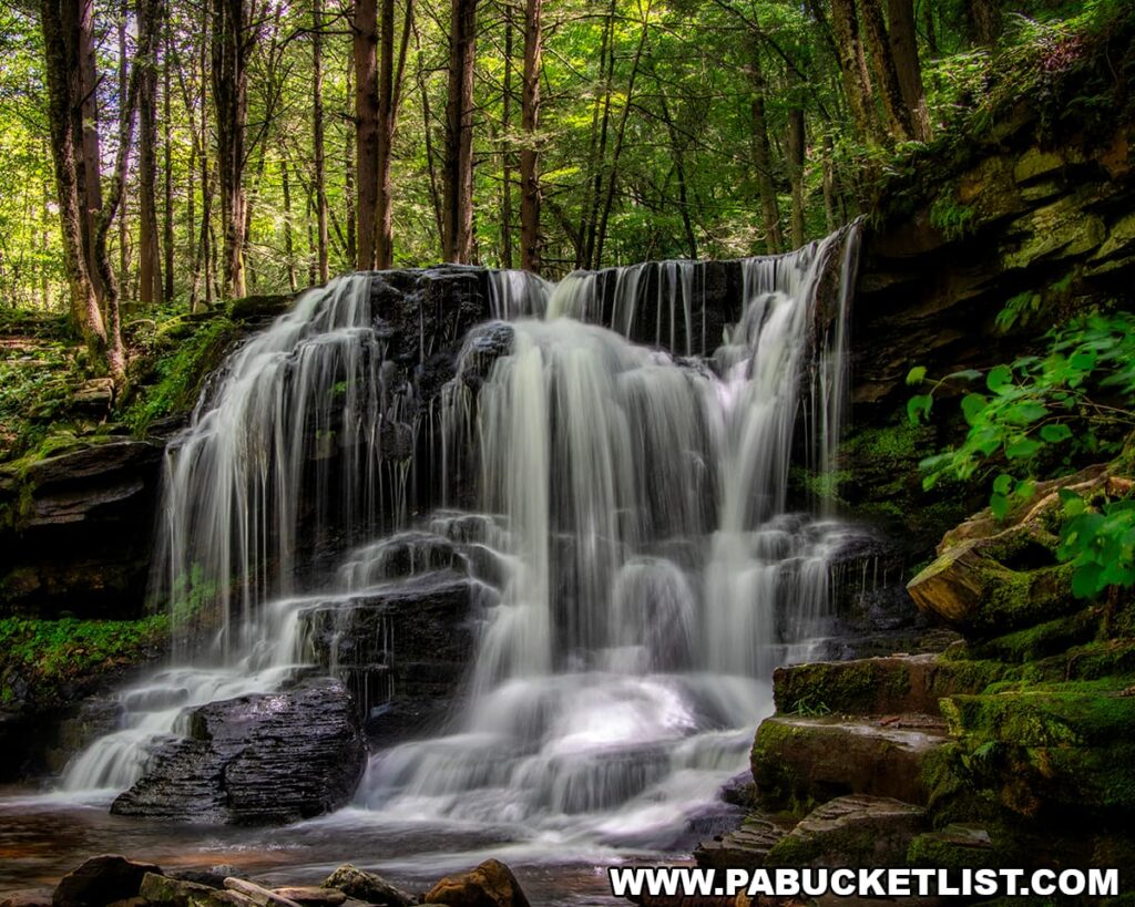 Dry Run Falls cascading over a wide rock ledge along Dry Run Road in the Sullivan County section of Loyalsock State Forest, Pennsylvania, surrounded by dense woodland and moss-covered rocks