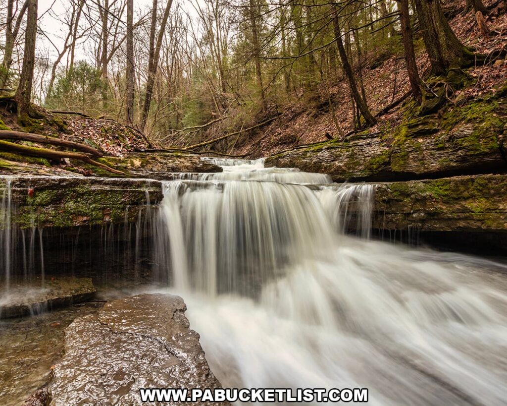 Tiered cascade downstream from Grindstone Falls flowing over layered sandstone along an unnamed tributary of Grindstone Run at McConnells Mill State Park in Lawrence County, Pennsylvania.