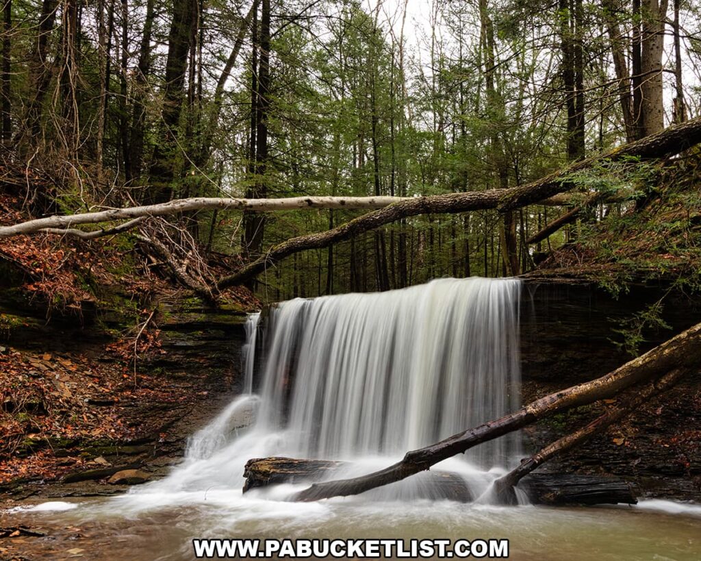 Stream-level view of Grindstone Falls spilling over a rock ledge into a shallow pool along an unnamed tributary of Grindstone Run at McConnells Mill State Park in Lawrence County, Pennsylvania.