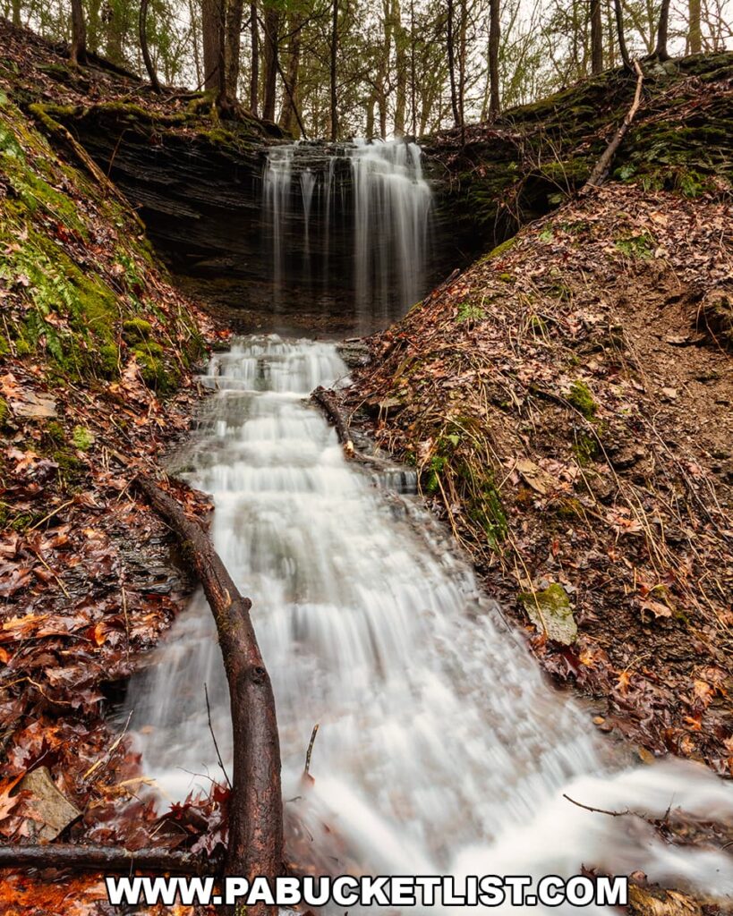 Small waterfall on an unnamed tributary of Grindstone Run at McConnells Mill State Park in Lawrence County, Pennsylvania.
