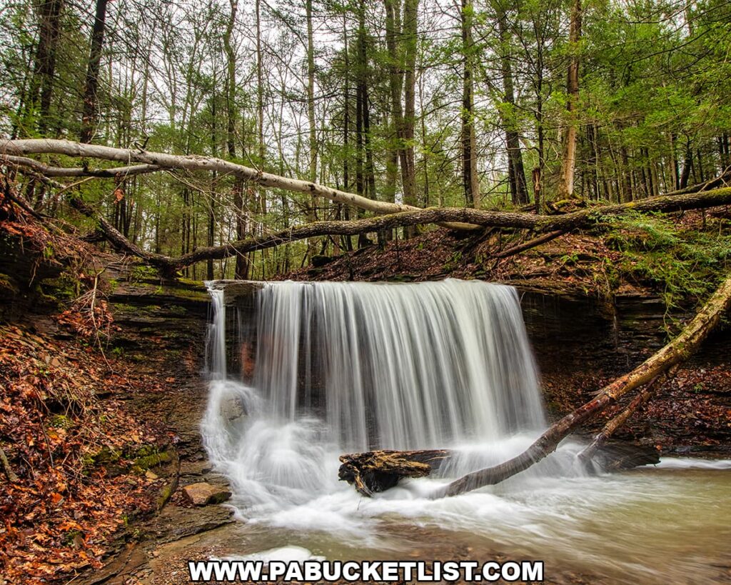 Front view of Grindstone Falls spilling over a sandstone ledge beneath fallen trees along an unnamed tributary of Grindstone Run at McConnells Mill State Park in Lawrence County, Pennsylvania.