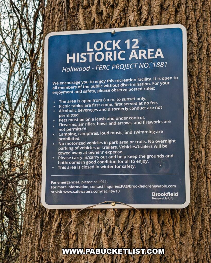 Information sign for the Lock 12 Historic Area along the Susquehanna and Tidewater Canal in York County, Pennsylvania.