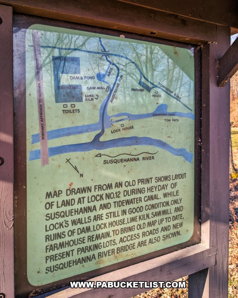 Interpretive map showing the layout of Lock 12 and surrounding features of the Susquehanna and Tidewater Canal at the Lock 12 Historic Area in York County, Pennsylvania.