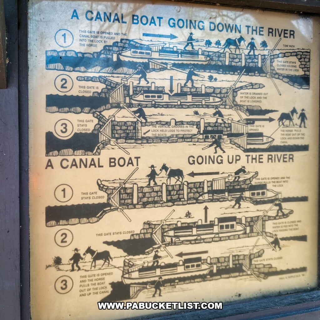 Interpretive sign explaining how canal boats moved through locks along the Susquehanna and Tidewater Canal at the Lock 12 Historic Area in York County, Pennsylvania.