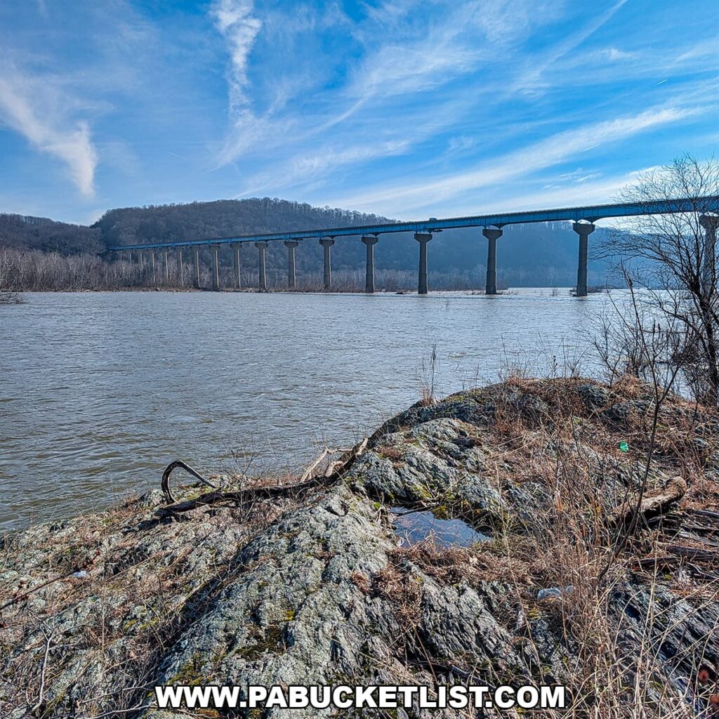 View of the Norman Wood Bridge spanning the Susquehanna River as seen from the Lock 12 Historic Area in York County, Pennsylvania.
