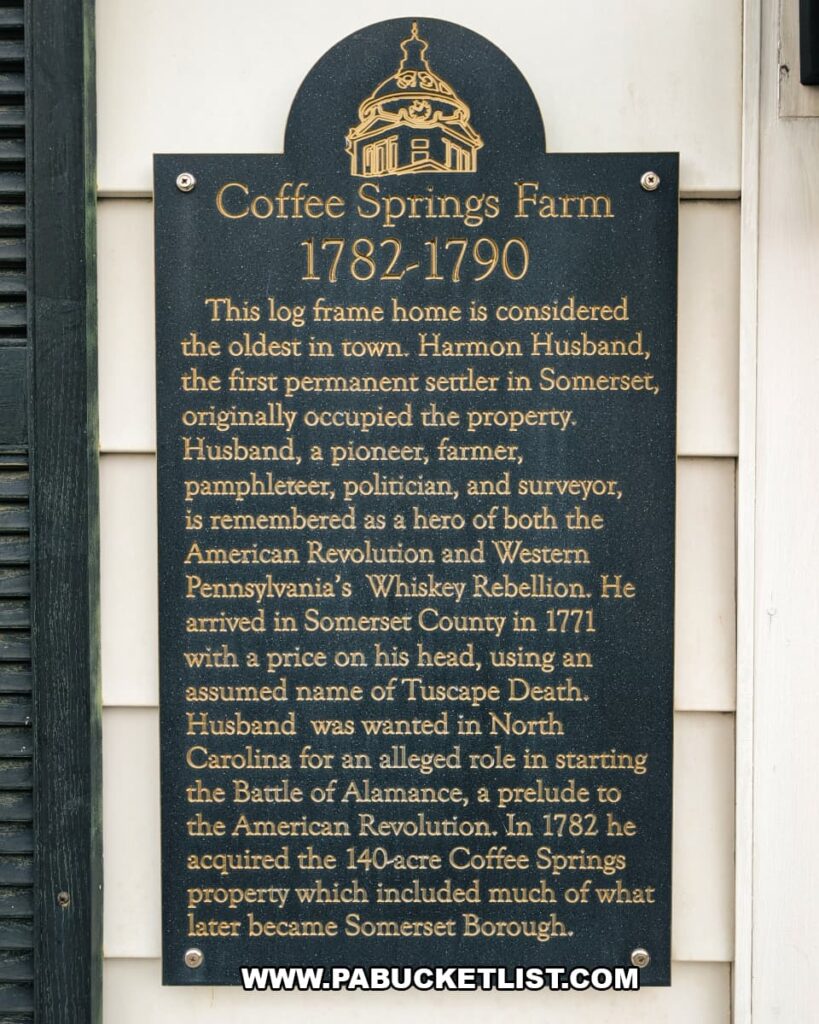 Historical marker for Coffee Springs Farm describing the 18th century log frame home and its connection to Somerset Pennsylvania history