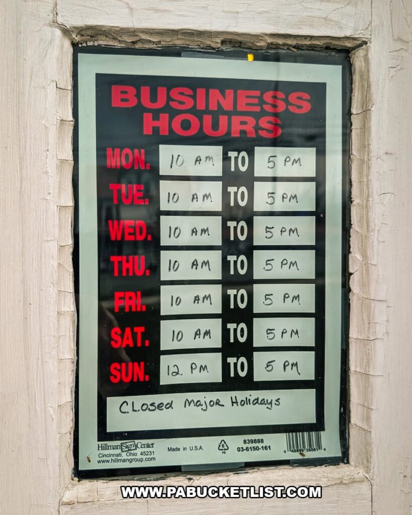 Business hours sign posted at Sugar Grove Antiques in Somerset County PA showing store hours for each day of the week