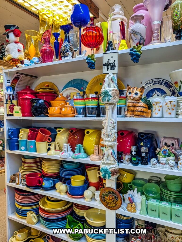 Shelves filled with colorful vintage dishes mugs pitchers and glassware inside Sugar Grove Antiques in Somerset County PA