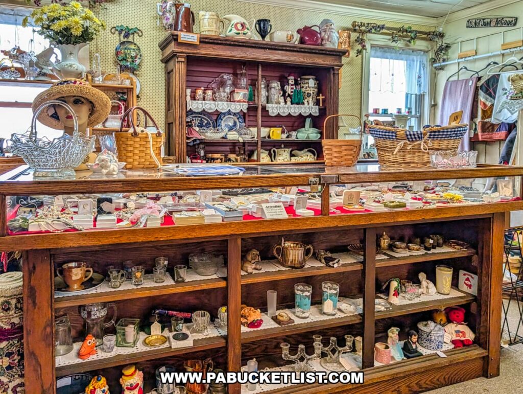 Glass display case filled with jewelry and small antiques with shelves of vintage collectibles inside Sugar Grove Antiques in Somerset County PA