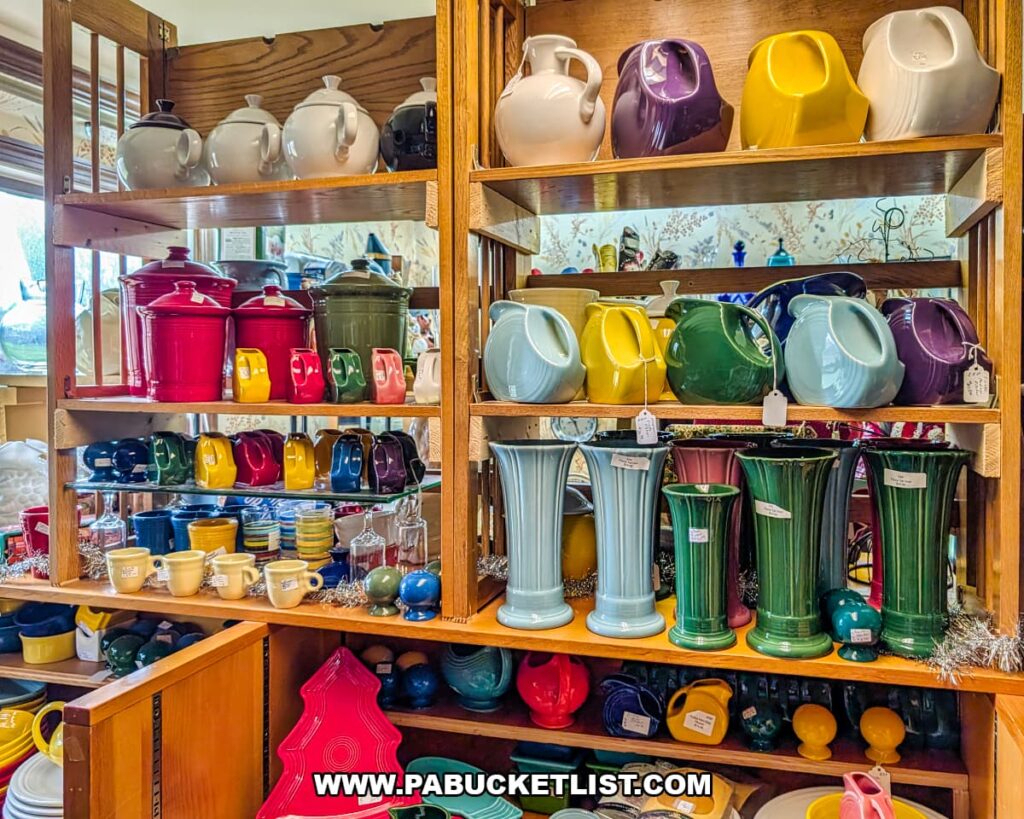 Shelves displaying colorful vintage pottery pitchers vases and kitchenware inside Sugar Grove Antiques in Somerset County PA