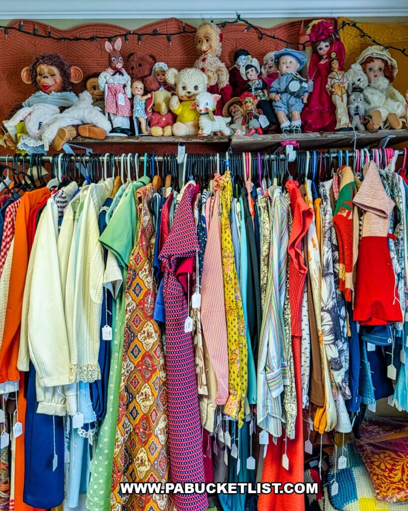 Rack of colorful vintage clothing with antique dolls and stuffed toys displayed on a shelf above inside Sugar Grove Antiques in Somerset County PA